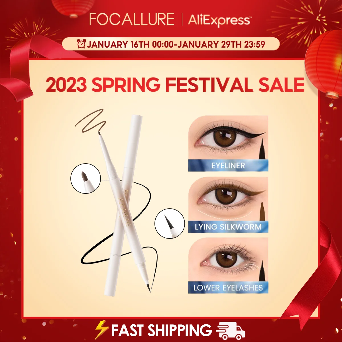 

FOCALLURE 2 In 1 Double-Ended Liquid Eyeliner Long Lasting High Pigment Waterproof Smudge-proof Eye Makeup Cosmetics Tools