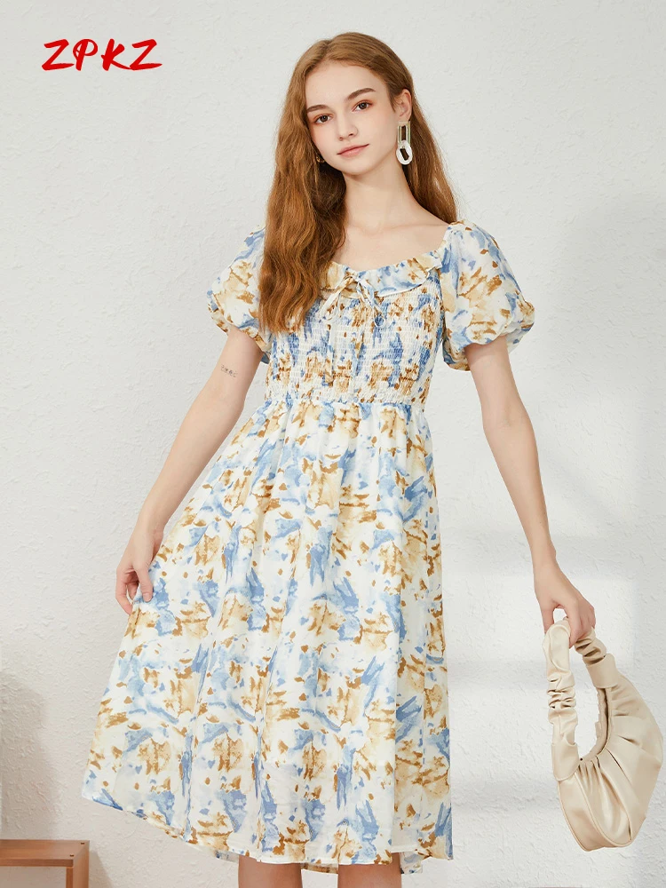 

ZPKZ, французское Цветочное платье с пышными рукавами, летнее, новое, винтажное, литературное, повседневное, темпераментное, женское модное платье