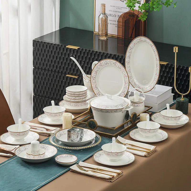 

Jingdezhen New Chinese Bone China Dish Set Household High end Luxury Tableware Set Household High bone China Tableware Set