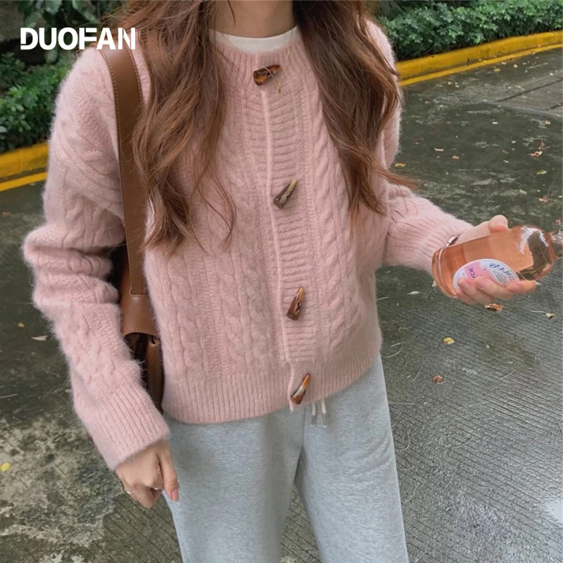 

DUOFAN Japan Style Horn Button Twist Sweater Spring And Autumn Outerwear Thickened Solid Color Round Neck Knitted Cardigan Coat