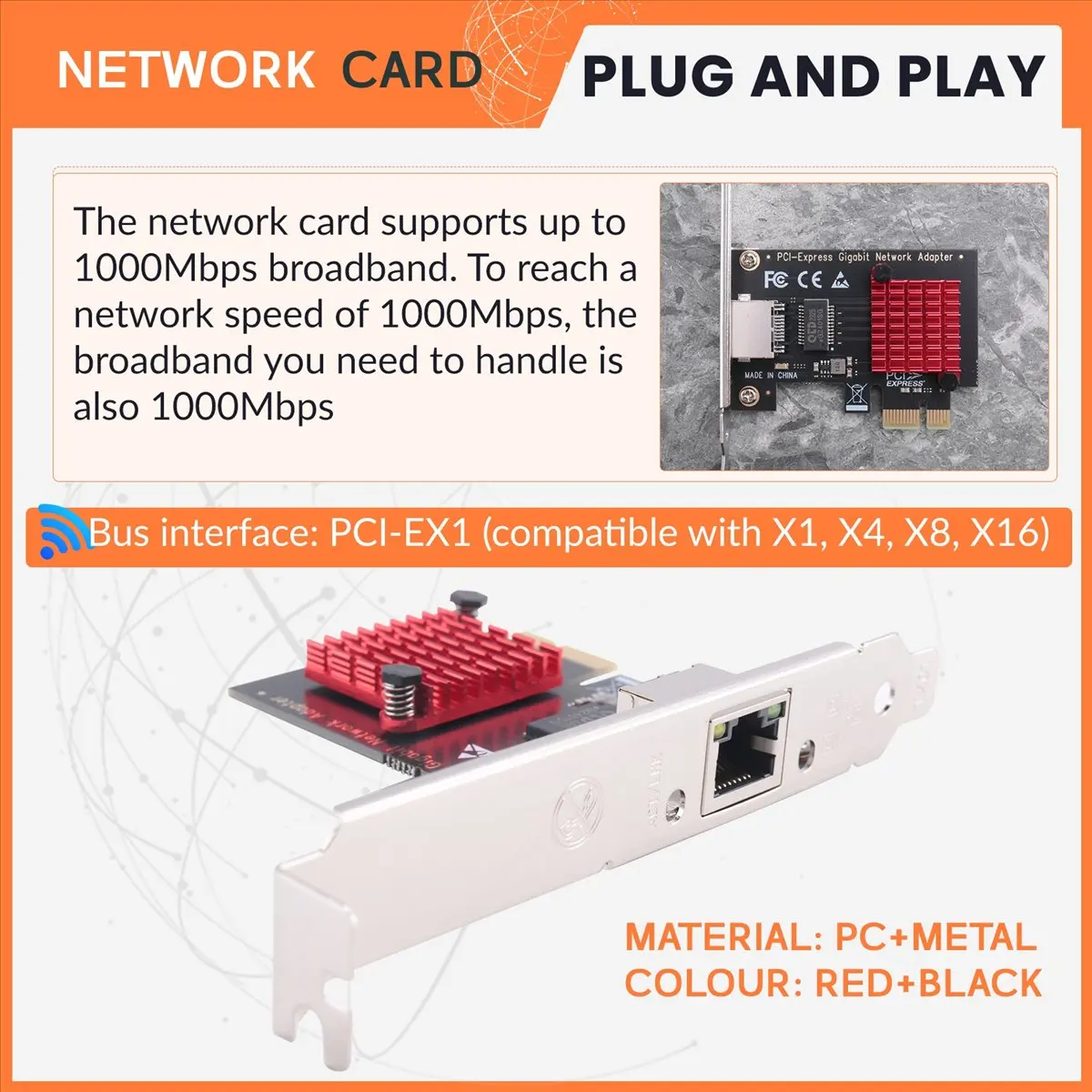 Фото 【A16I~】 Сетевая карта PCIE, гигабитная сетевая карта 10/100/1000 Мбит/с, проводная сетевая карта RJ45, сетевой адаптер PCI-E, LAN-карта №5