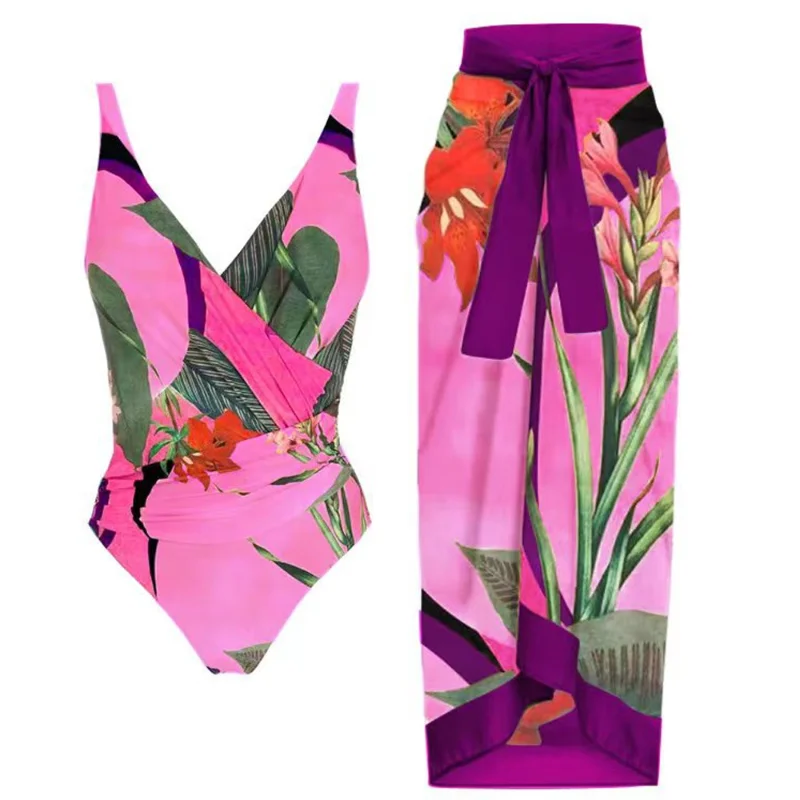 

Vintage Flora Print Women Bikini Sets Swimsuit & Skirt Sexy Asymmetrical One Piece Swimwear Female Cover