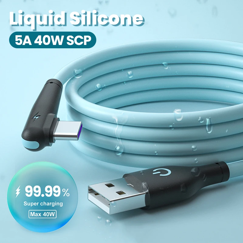 

Мягкий силиконовый кабель USB C, быстрое зарядное устройство на 90 градусов, 5 А, кабель USB Type C для Huawei Mate 40, Xiaomi POCO X3