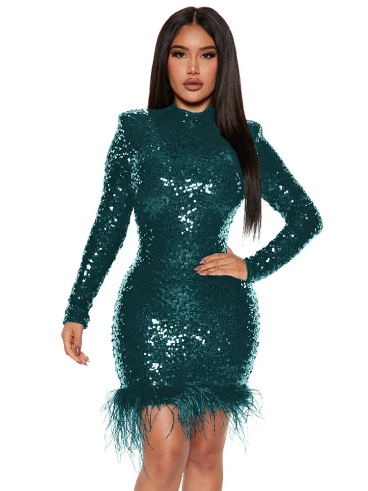 

Szkzk Sexy Feather Sequins Short Prom Dress Elegant Luxury Night Club Outfits For Women Party Evening Bodycon Mini Dresses