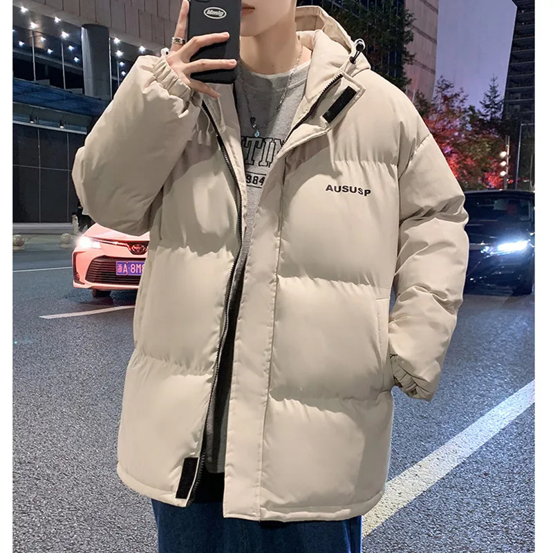 New Cotton Padded Jacket for Men Winter Thickened Parkas Loose Ins Korean Fluffy Bread Jacket Chest Print Hooded Outwear Coats