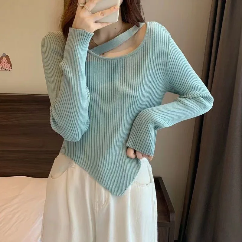 

2022 Autumn Sweet Style Long-sleeved Pullover Bottoming Shirt with Niche Design Short Knitted Sweater Women