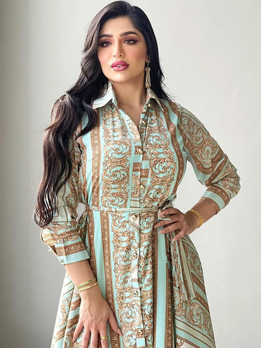 Женское платье-рубашка Eid Mubarak Abaya 2022, этнический принт, яркий арабский Оман, Марокко, Ближний Восток, мусульманская одежда, Abayas