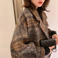 winter overcoat women vintage woolen mid length loose coats female double breasted turn down collar overcoat french elegance