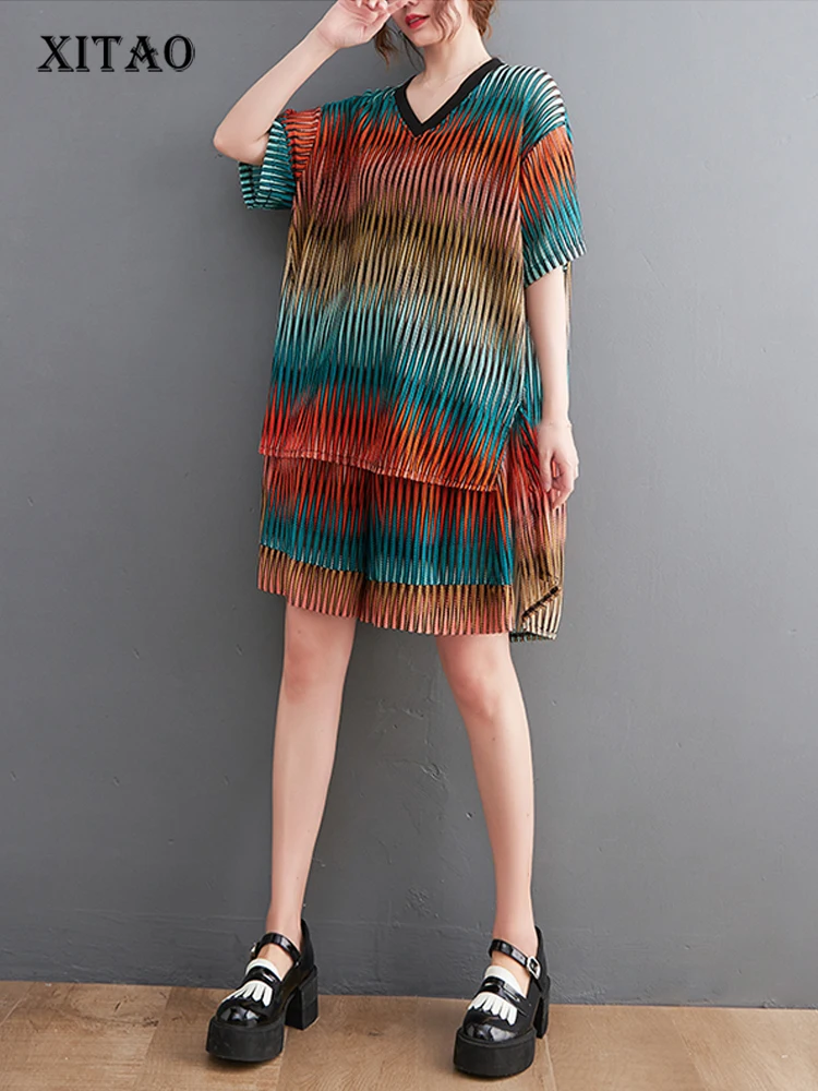 

XITAO, короткие комплекты, модные, со складками, градиентные цвета, женские, свободные, повседневные, комплекты из двух предметов, летние, новые, свободные, простые, с v-образным вырезом, WLD11363