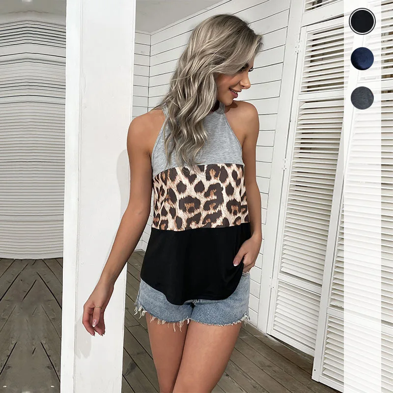 

2023 New Summer European and American Fashion Style Commuter Women's Spliced Sleeveless Hanging Neck Leopard Pattern Tank Top