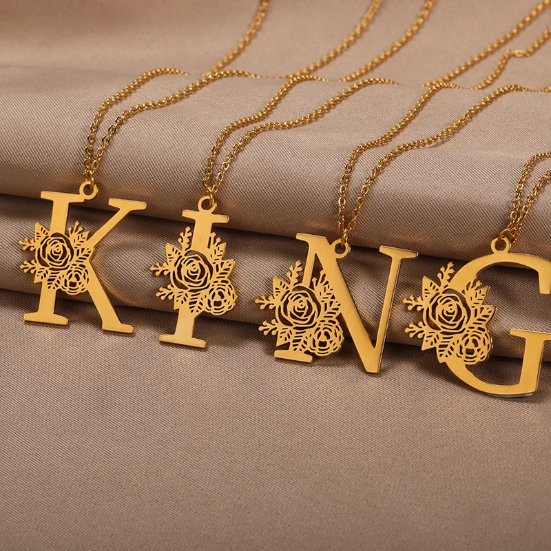 

Rose Flower A-Z Capital Letter Pendants Necklaces For Women Jewelry Stainless Steel Alphabet Initial Necklace Best Friend Gifts