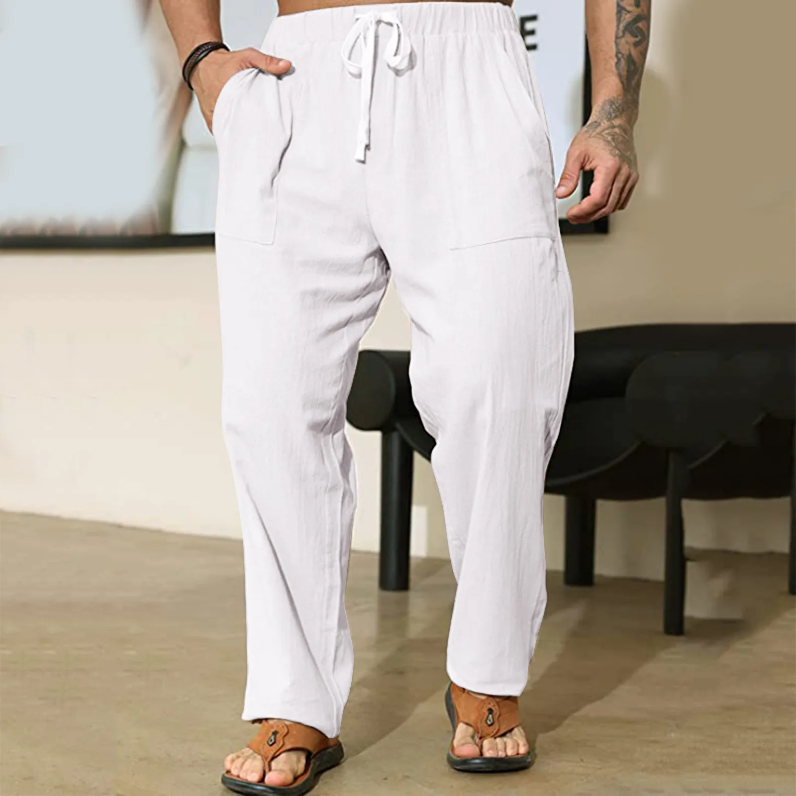 

Men's Cotton Linen Pants Spring Summer Solid Color Breathable Linen Trousers Male Casual High Street Beach Loose Pants Men 2023