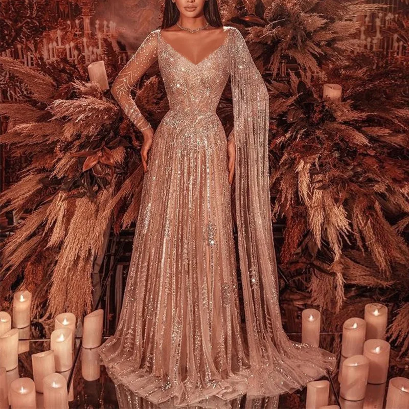 Luxury for Women Deep V Dress Slim Pink Long Sleeve Evening Dress Wedding Party Sexy Night Club Elegant Celebrity Ball Gown