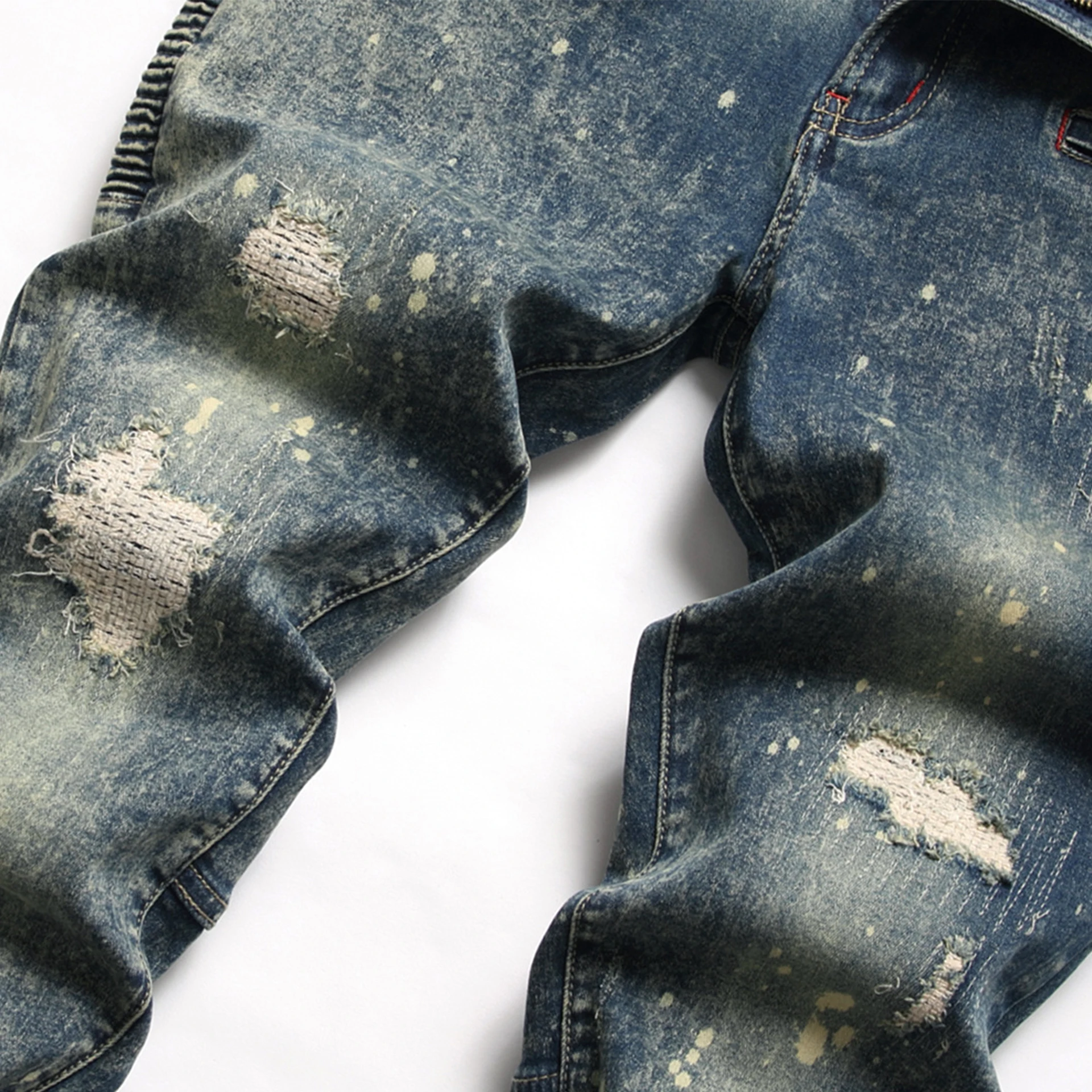 Mens High Quality Vintage Painting Distressed Stretch Jeans Trousers Ripped Slim Biker Denim Cotton Pants Designer Jeans for Men