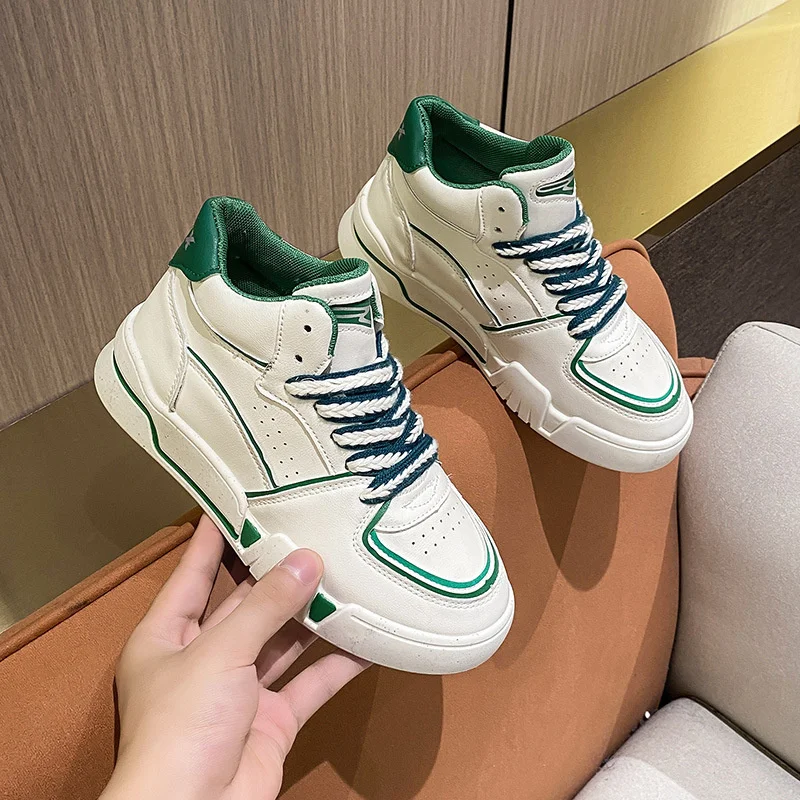 

Женские кожаные кроссовки на платформе, высокие кроссовки со шнуровкой, Спортивная повседневная обувь, модные беговые кроссовки с круглым носком и цветными блокировками, осень 2023