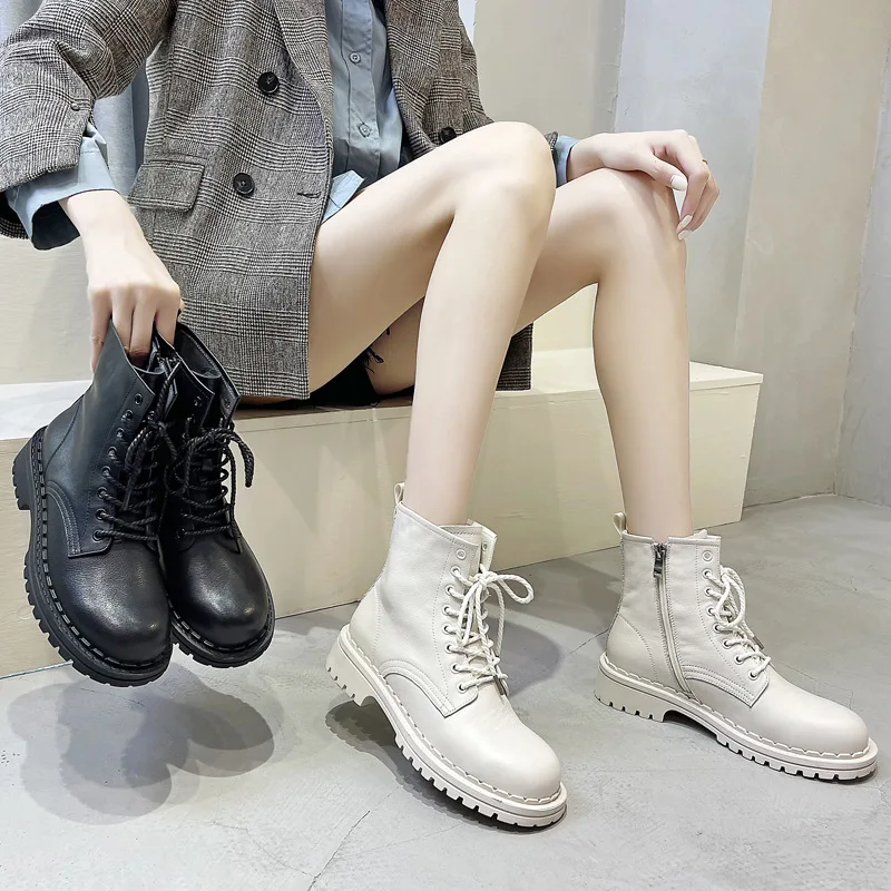 

New pile layer cowhide boots women's British style boots platform tide side zipper women's boots