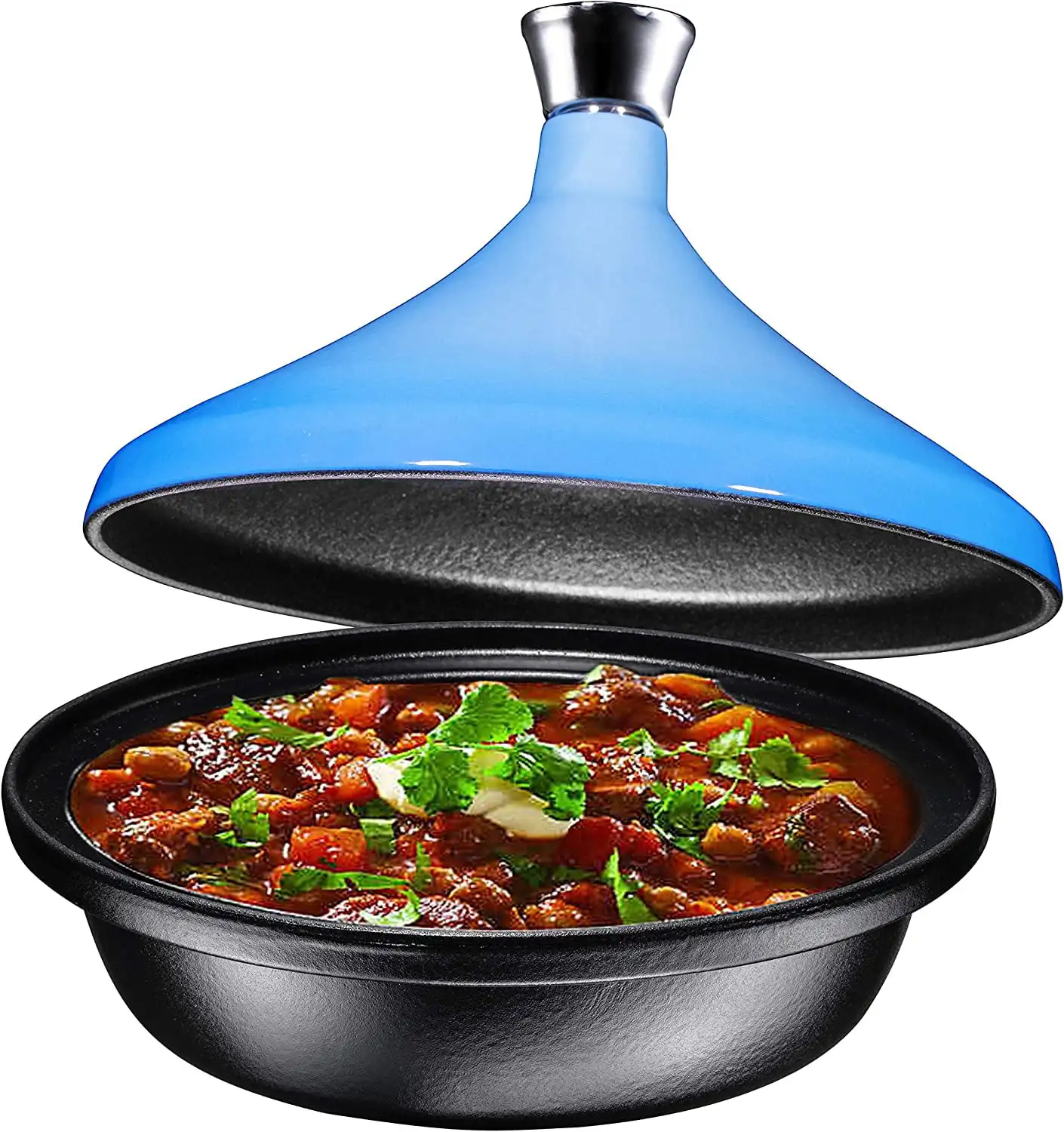 

Blue Cast Iron Moroccan Tagine 4-Quart Cooking Pot With Silver Knob