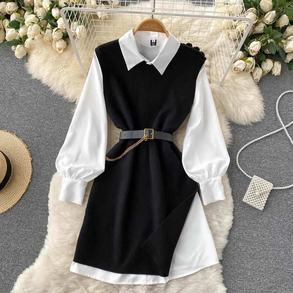 

French Small Fragrant Wind Design Sense Niche White Shirt Knitted Vest Undershirt Skirt Stacked Waist Two-piece Set