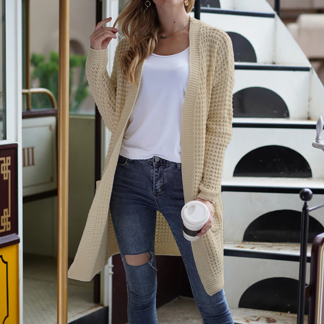 

Puimentiua Mid-Length Cardigan Sweater Women Long-Sleeved Jacket Autumn Winter 2022 Women Solid Color Cardigan Sweaters Clothes