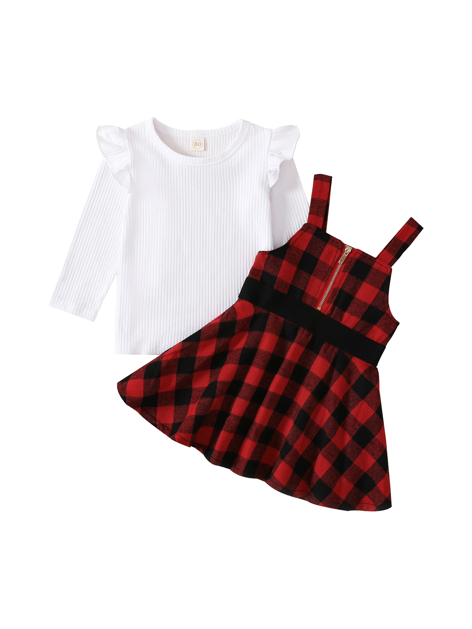 

Toddler Baby Girl Christmas Outfits 2T 3T 4T 5T Solid Knit Rib Long Sleeve Tops Plaid Suspender Skirt Overall Dress Set