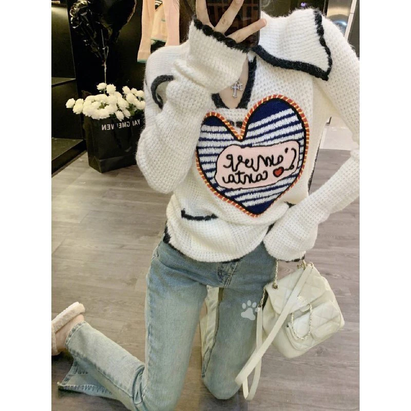

Korean Sweet Pink Sweaters Kawaii Contrast Color Heart Striped Letter Long Sleeve Pullovers Knitted Women Y2k V Neck Loose