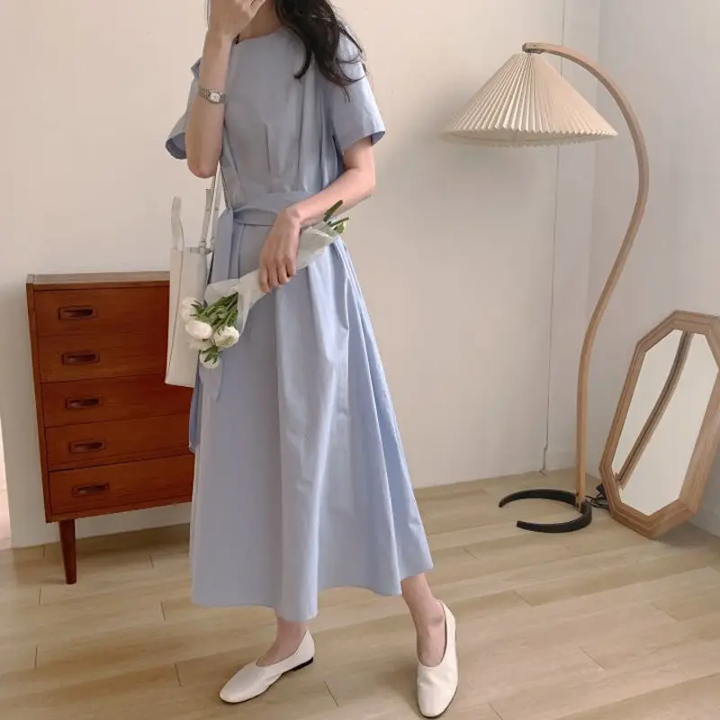 

2023 Summer Dresses Women Solid O-neck Short Sleeve Casual Elegant Students Cozy Chic Vestidos Sweet Vintage Streetwear Z66