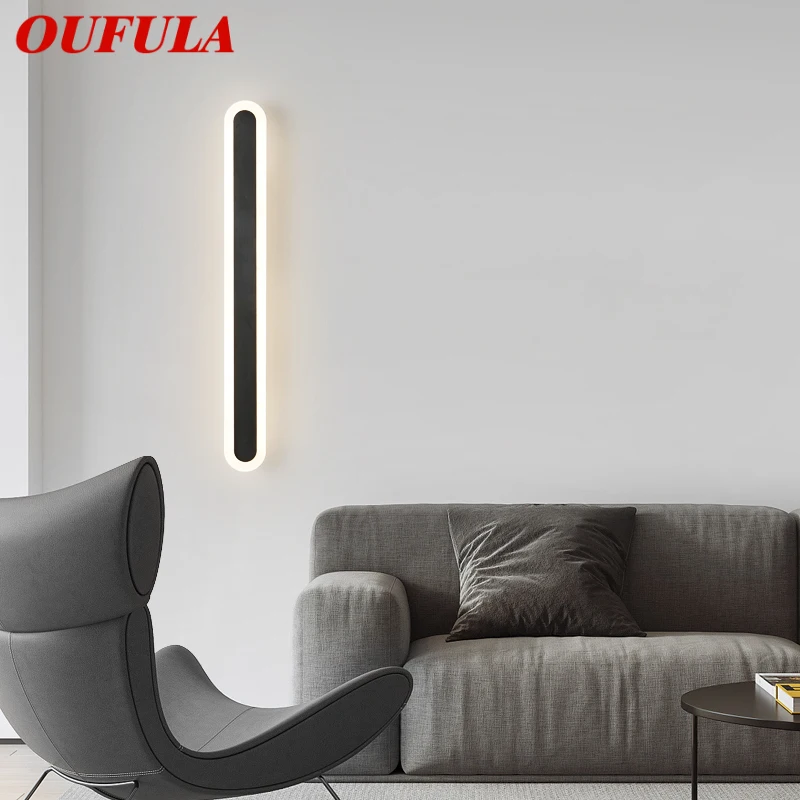 

OUFULA Modern Brass Wall Lamp Black LED 3 Colors Creative Long Sconce Light for Home Living Bed Room Corridor Decor