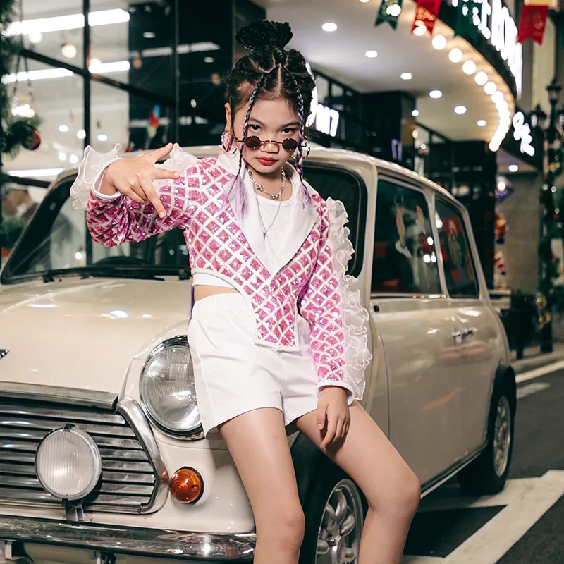 

Детская одежда K-pop для девочек, модная уличная одежда для джазовых танцев, костюм для выступлений, Детская модель, модельный крутой наряд в стиле хип-хоп