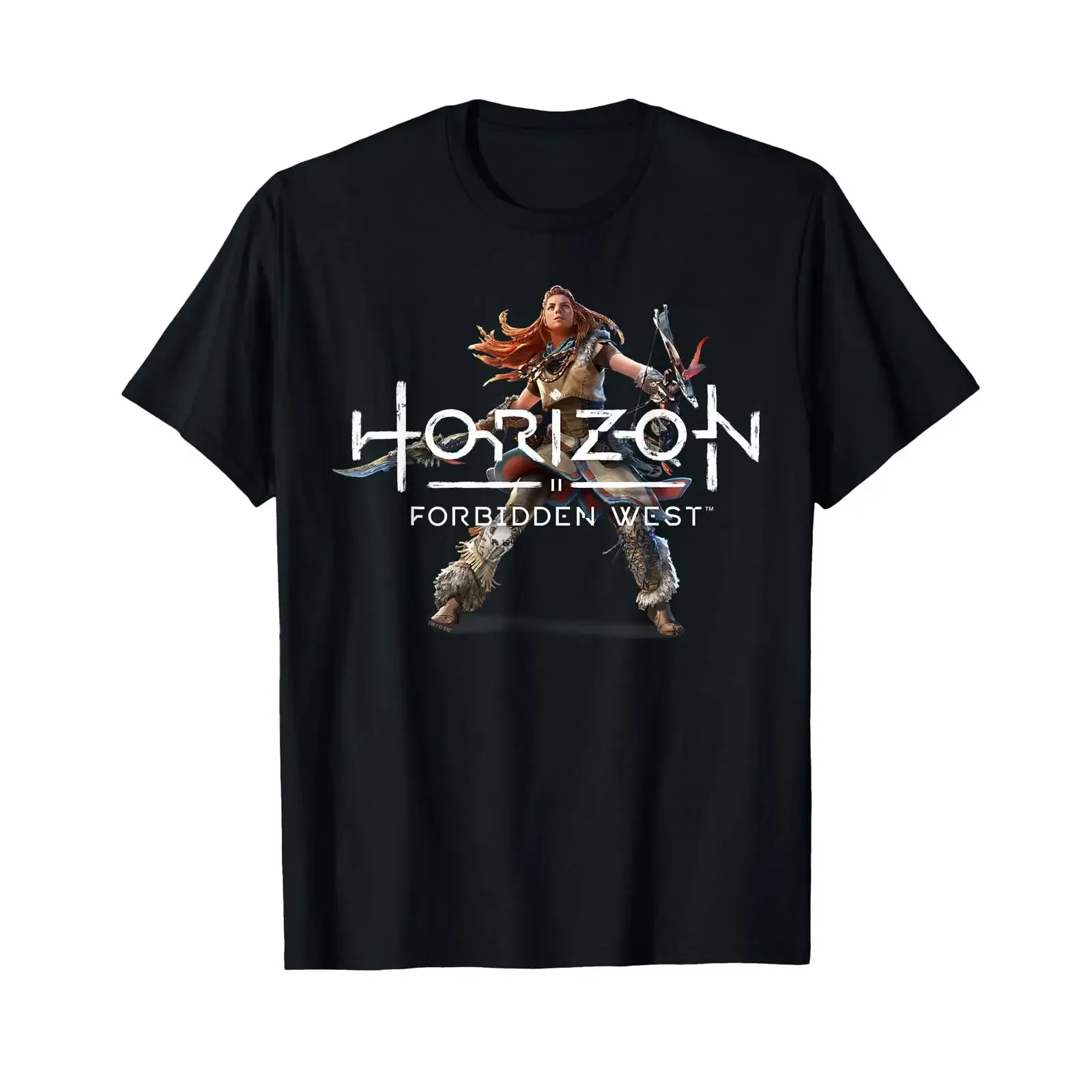 Фото Футболка Horizon Forbidden West с портретом Алои в боевой позе, винтажная, с эффектом потертости, эластичная, повседневная, мужская, модная, слегка универсальная №1