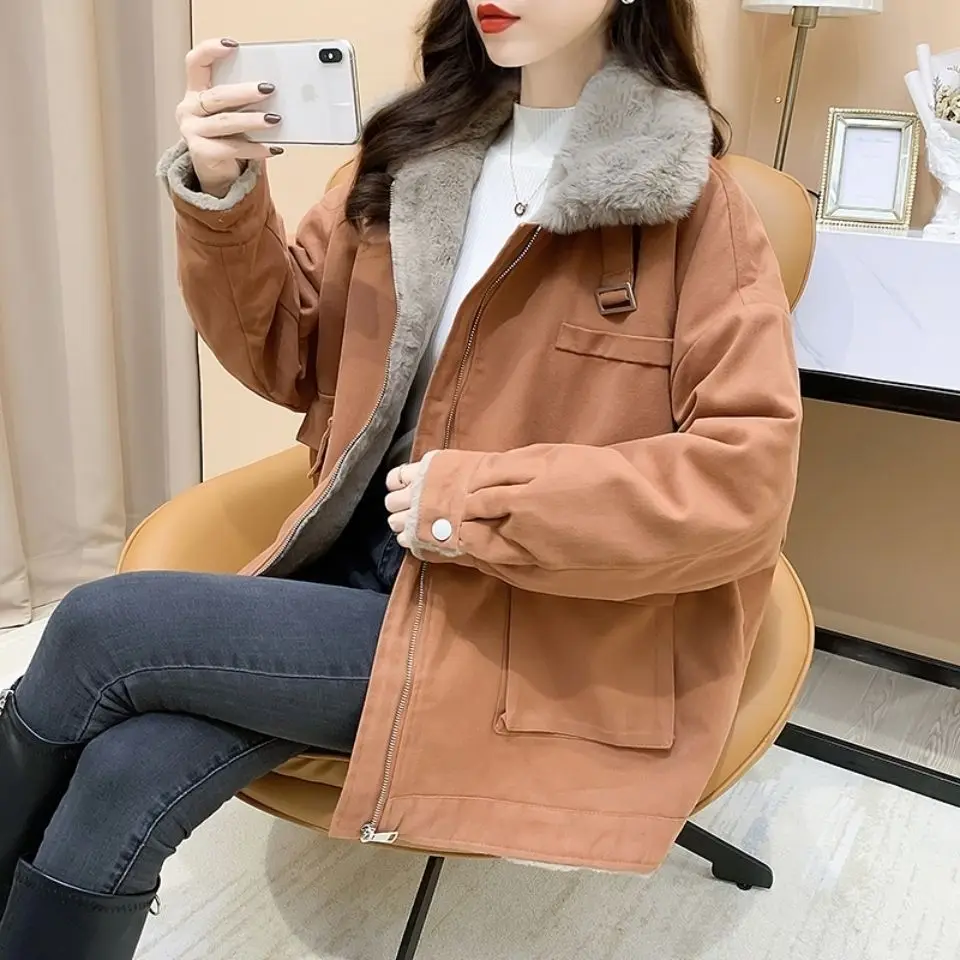 2023 New Winter Long Sleeve Jacket Parka Fleece Lined Warm Thicker Plus Size Korean Fashion Loose Zipper Snowsuit Coat