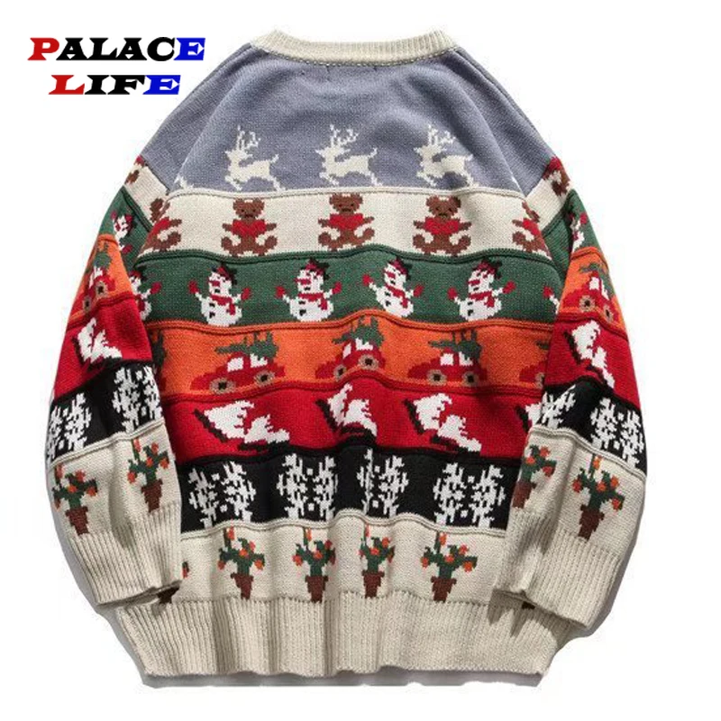 

Harajuku Crewneck Fashion Knitwear Pullovers Men Hip Hop Knitted Jumper Sweaters Ugly Christmas Elk Snowman Streetwear