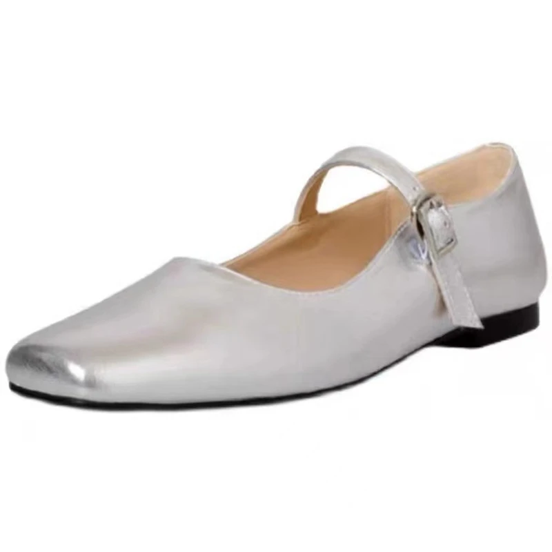 

Mary Jane Shoes New French Shallow Mouth Square Toe Thick Heel Ballet Shoes Women's Design Sense Niche Silver All-match