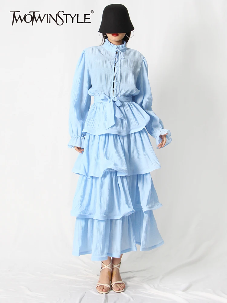 

TWOTWINSTYLE Elegant Spring Fashion Solid Two Piece Set For Women Stand Collar Long Sleeve Top High Waist Midi Skirt Sets Female