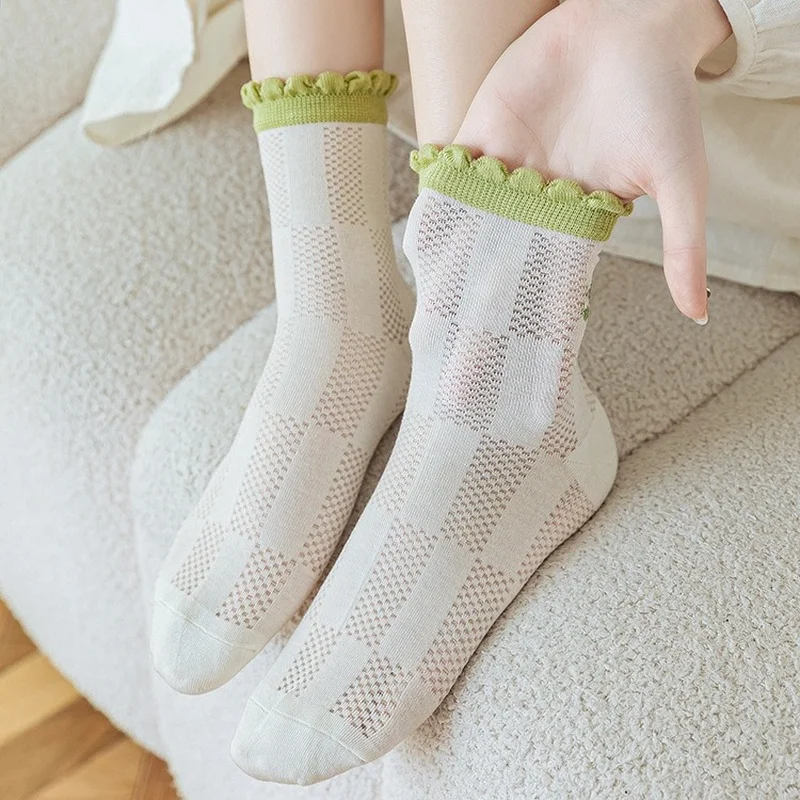

New Lolita Style Frilly Ruffle Socks Hollow Mesh Thin Summer Harajuku Crew Socks Women Fashion Green Color Streetwear Long Socks
