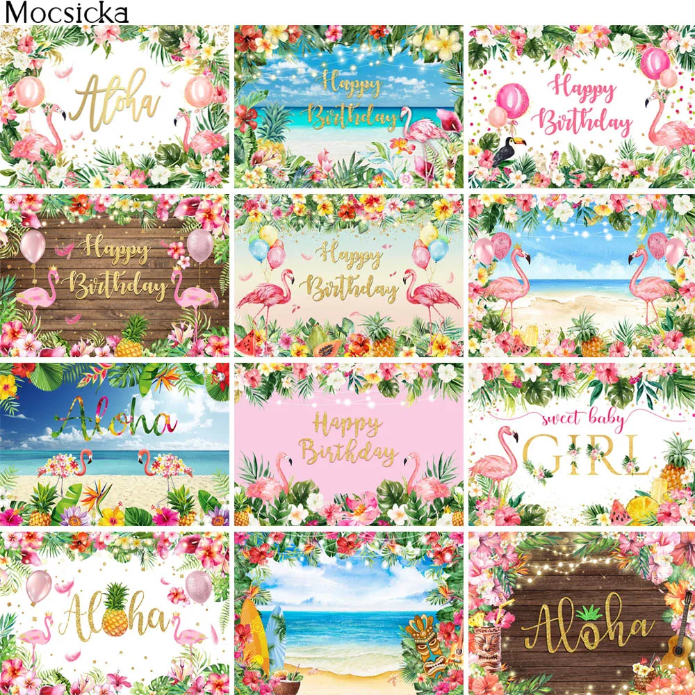 

Фон для фотосъемки с изображением фламинго, алохи, вечеринки в честь Дня Рождения, Гавайский тропический фрукт, Пальмовые Листья, декоратив...