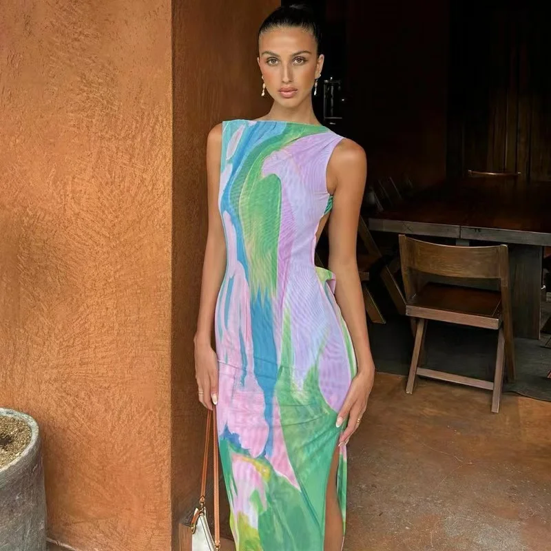 Шифоновые плиссированные платья на бретелях-спагетти в богемном стиле без