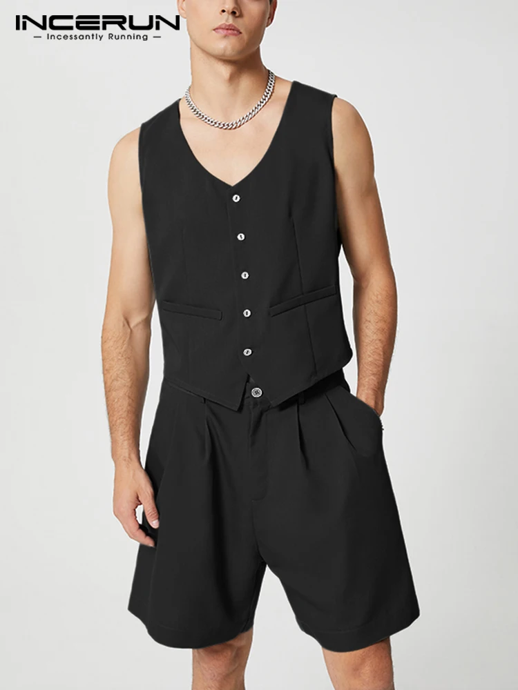 

Men Sets Solid Color Streetwear Summer V Neck Sleeveless Button Vests & Shorts 2PCS 2022 Fashion Men Casual Suits S-5XL INCERUN