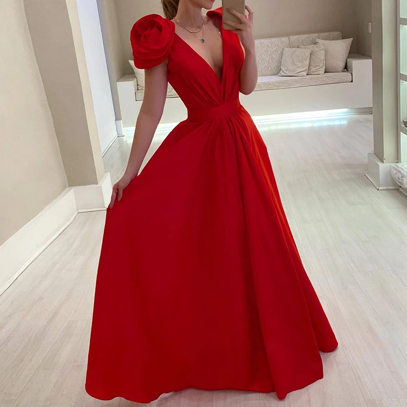 

Summer Fashion Deep V Rose Pile Sleeve Evening Dress Red Waist Fold Party Dress Women Elegant Slim Fit Swing Long Dress Vestidos