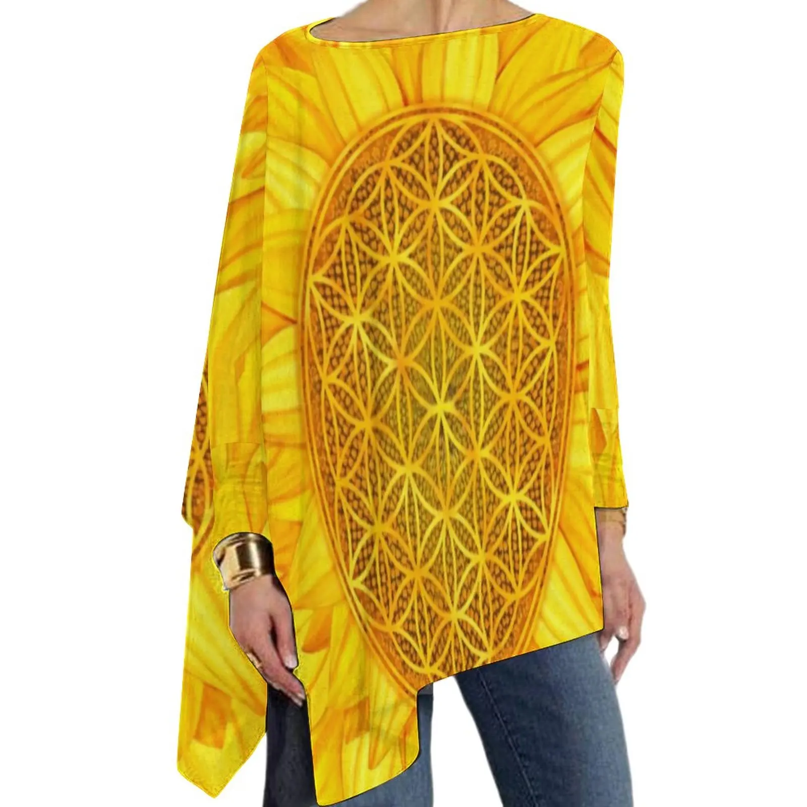 

Big Sunflower Print T-Shirt Flower of Life Trendy Long Sleeve T Shirts Female Street Style Tee Shirt Oversized Pattern Clothes