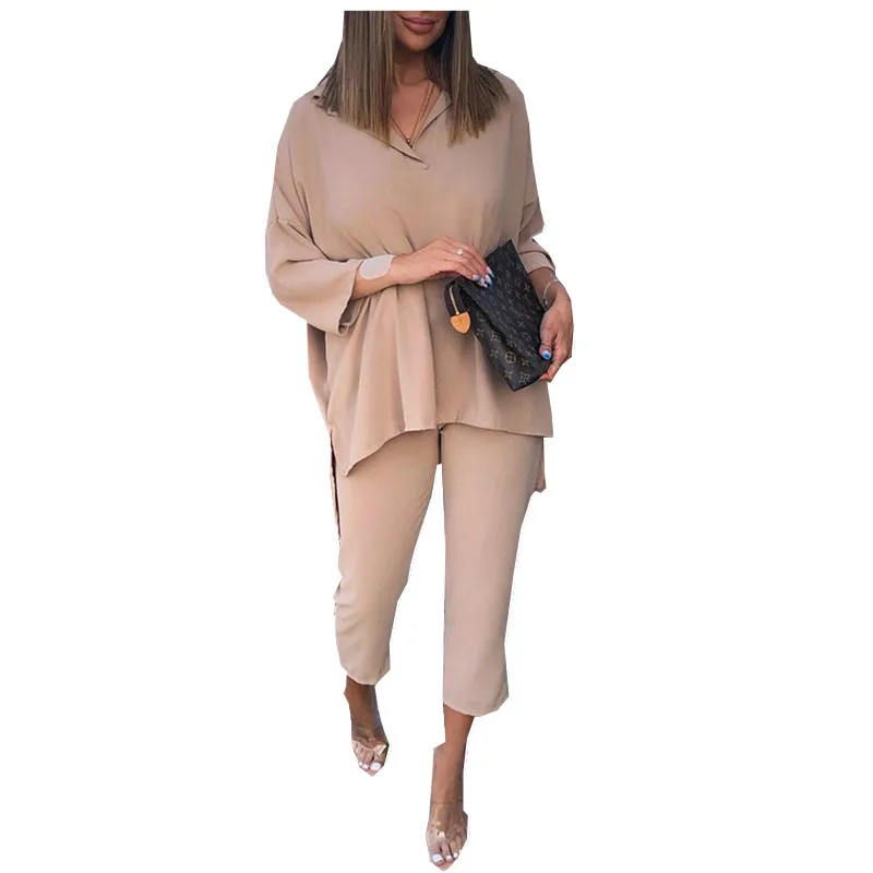 

ATKULLQZ 2022 new simple and casual two-piece suit women's comfortable T-shirt + 9 points pants suit solid color women's clothes