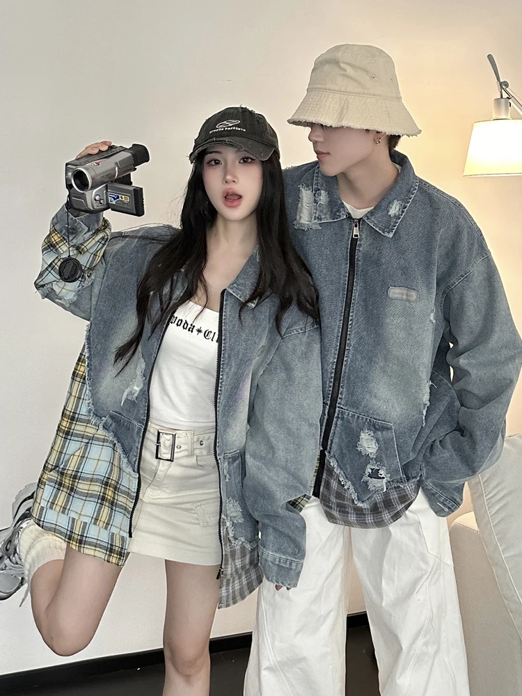 Американский винтажный модный бренд в стиле пэчворк рваные джинсы куртка дизайн