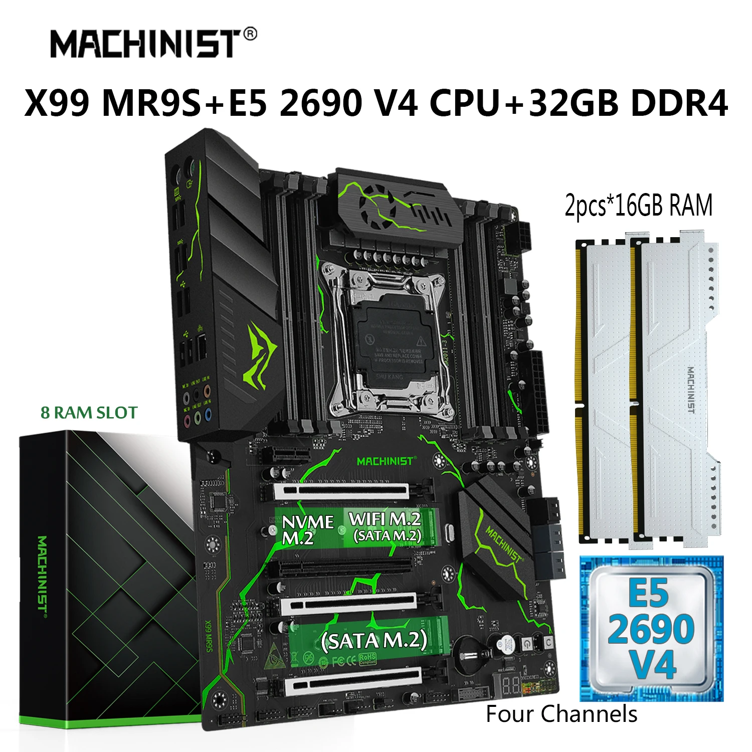 MACHINIST MR9S X99 комплект материнской платы E5 2690 V4 комплект Xeon процессор LGA 2011-3 ЦП 32 ГБ = 2*16 Гб DDR4 ОЗУ ECC память NVME M.2 SATA SSD