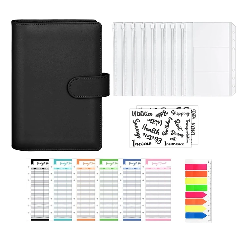 

19Pcs A6 PU Leather Notebook Budget Binder Set, With 8 Binder Pockets, 6-Ring Budget Binder Cover, Card Storage