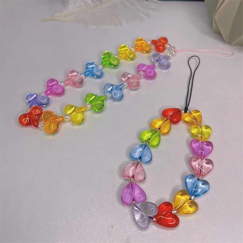 

Color Love Heart Beaded Mobile Phone Chain Women Wrist Phone Lanyard Hanging Jewelry Telephone Pendant Accessories