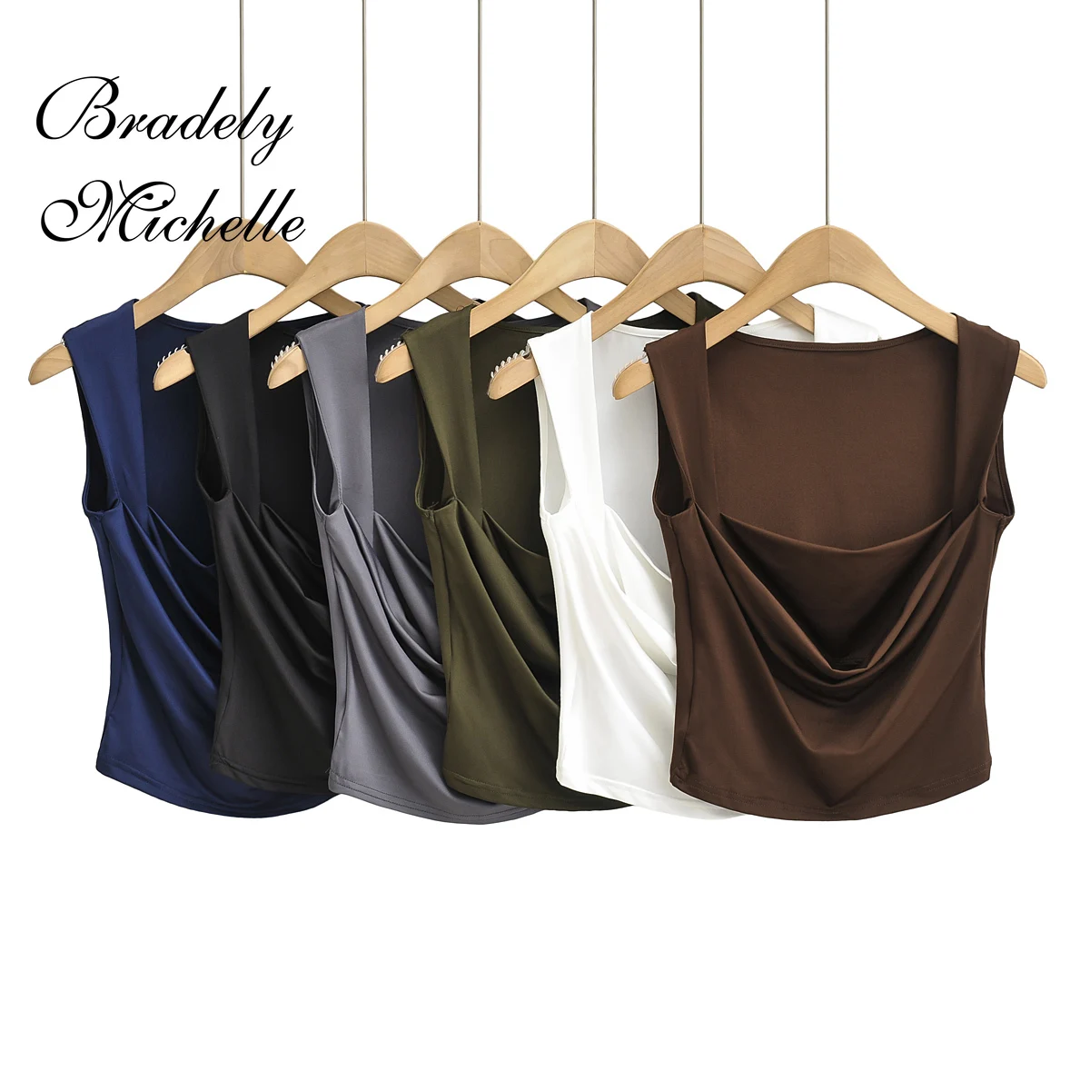 

BRADELY MICHELLE Sexy Women Crop Top 2022 Summer Double Cropped Tops Sleeveless Tanks Side Pleated Square Neck Vest