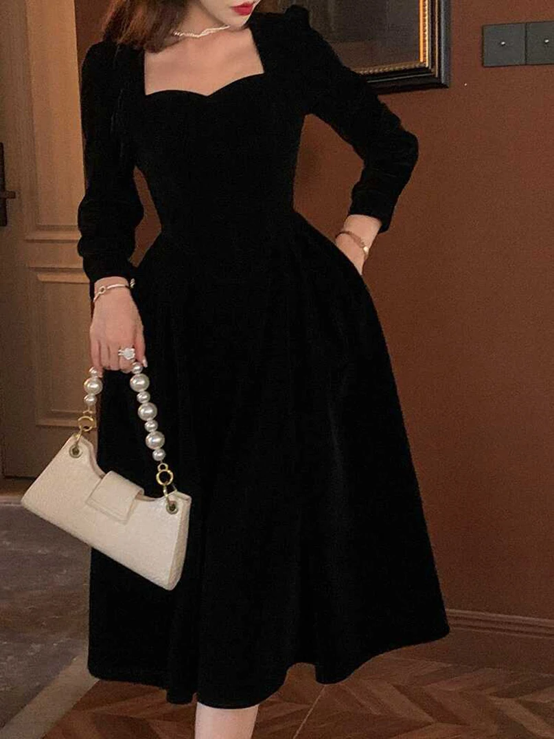 

Женское бархатное платье с длинным рукавом, черное платье с длинным рукавом и круглым вырезом, осень 2022