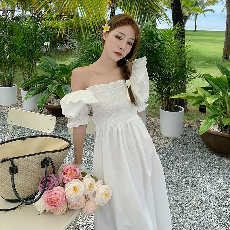 

Beach Seaside Holiday Clothes Dress Women Vestidos Robe Femme Super Fairy Thin Long Bubble Sleeve Square Neck White Dress L56