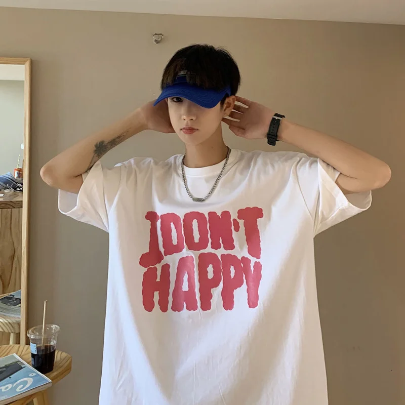 

Модная мужская футболка Hybskr с надписью I't Happy, Мужская футболка большого размера в Корейском стиле, уличные Топы в стиле Харадзюку для пар