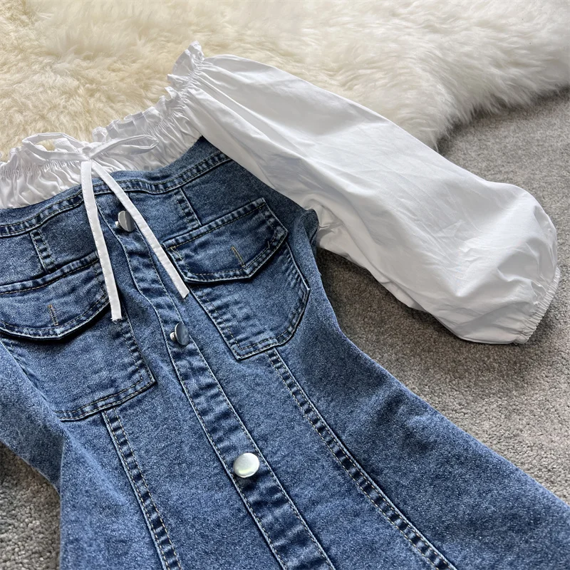 Женская джинсовая рубашка с пышными рукавами однобортное платье высокой талией