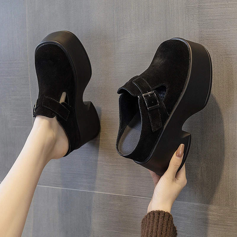 AIYUQI Women's Sippers 2023 Spring High-heel Platform Retro Women's Loafers Casual Square Toe Genuine Leather Mules For Ladies